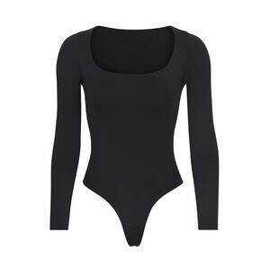 SKIMS ESSENTIAL LONG SLEEVE SCOOP NECK BODYSUIT in Black